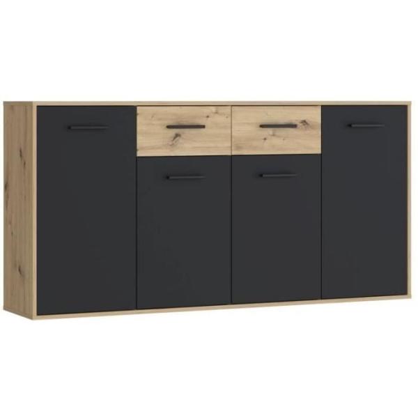 Buffet PILVI - Style contemporain - Particules mélaminé - Décor Chene et noir - 4 portes + 2 tiroirs - L 162,3 x P 34,2 x H 8