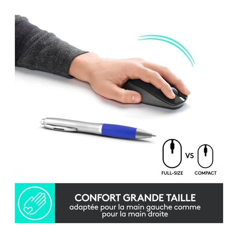 Souris sans fil ergonomique Logitech M190 Noir - Dimensions compactes