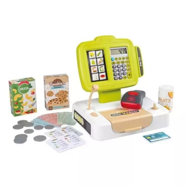 Smoby - Caisse enregistreuse - 30 accessoires inclus - Calculatrice et Scanner avec son et lumiere - Fabriqué en France - Dés