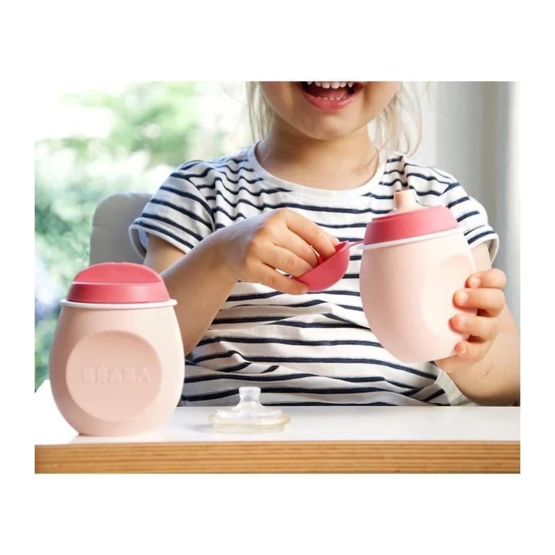 Gourde silicone BEABA BabySqueez' 2en1, embouts 1er et 2eme age, 180ml, Rose
