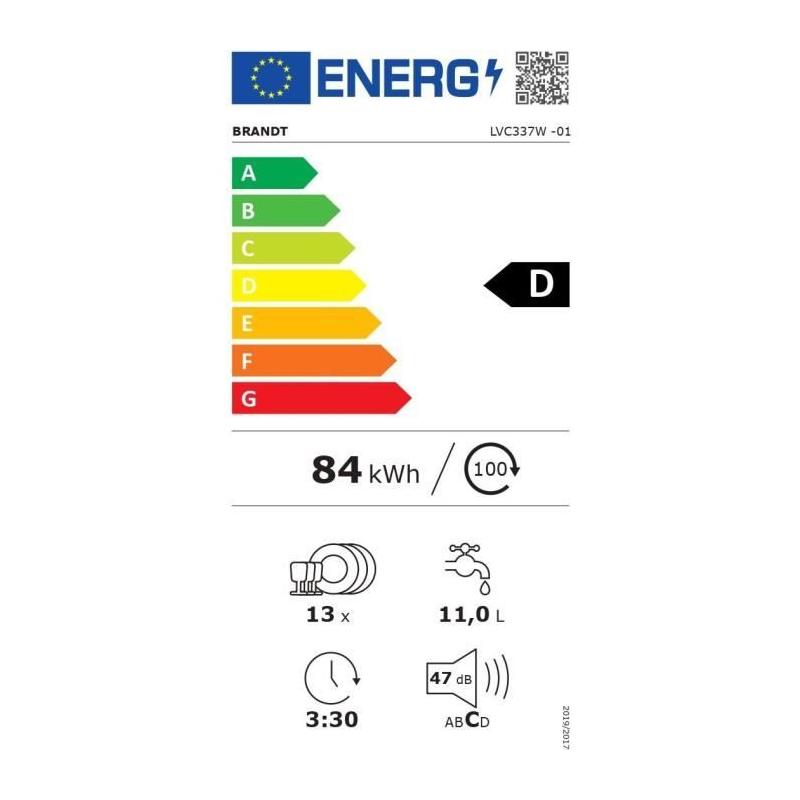 Lave-vaisselle pose libre BRANDT LVC337W - 13 couverts - Blanc