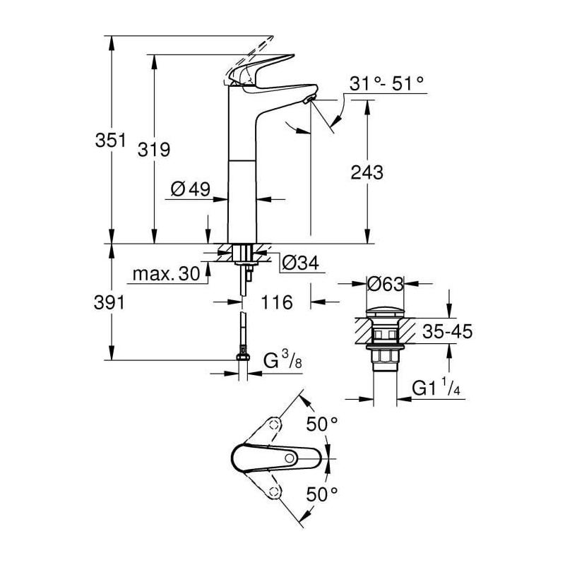 Robinet vasque chromé GROHE Swift - Taille XL - Économie d'eau
