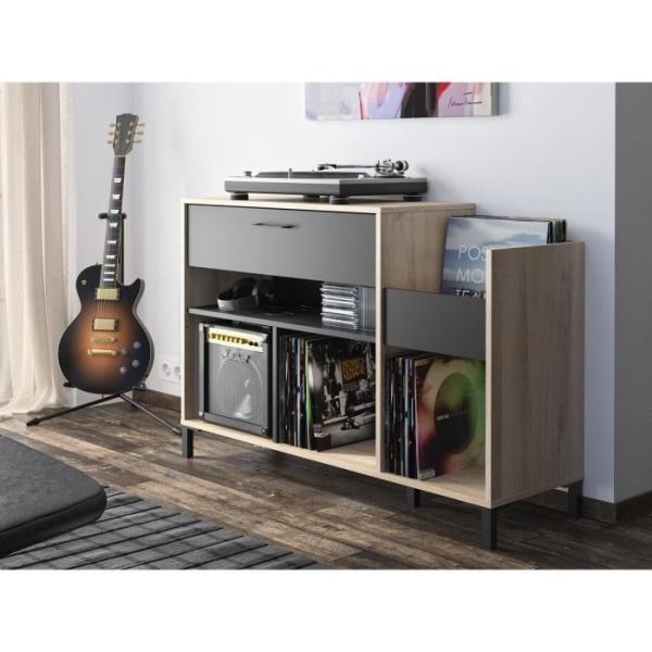 Meuble rangement vinyle - GAMI - Platine - Style urbain - Décor chene - Noir - L 115 x P 40 x H 81 cm