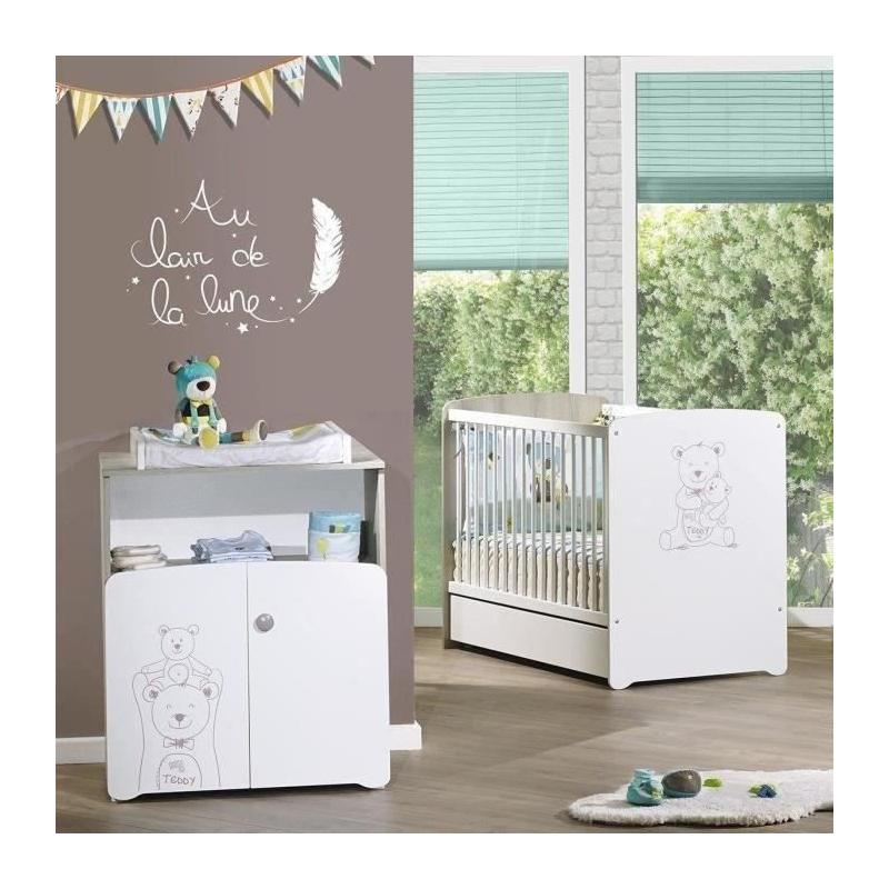 Ensemble chambre bébé Teddy: lit 120x60, commode à langer - Blanc