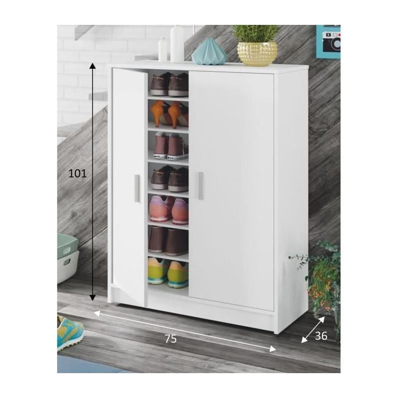 Meuble à chaussures BASIC - 2 portes + 6 étagères - Blanc - 30 paires