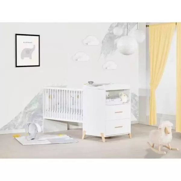 Lit Combiné - 120x60cm - Evolutif en 90x190cm - Babyprice Joy Naturel - Blanc sur pieds en bois naturel