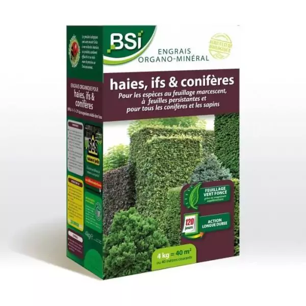 BSI - Engrais Organo-Minéral - Bio - Haies, Ifs, Coniferes - Pour Feuillages Persistants Et Coniferes - Longue Durée - 4Kg - 4