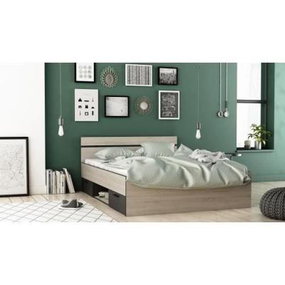 Lit adulte 140x190 cm Michigan - Industriel - Décor chêne brossé et noir