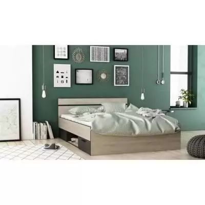 Lit adulte 140x190 cm Michigan - Industriel - Décor chêne brossé et noir Lit adulte 140x190 cm Michigan - Industriel - Décor chêne brossé et noir