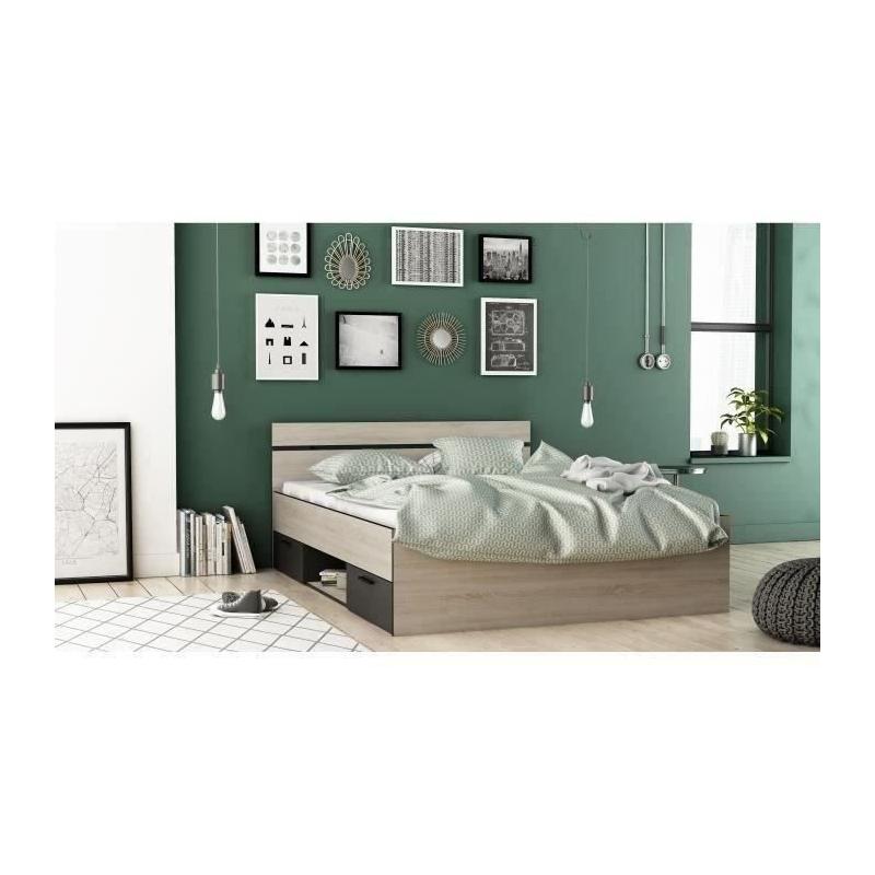 Lit adulte 140x190 cm Michigan - Industriel - Décor chêne brossé et noir