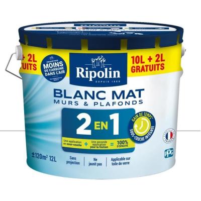 Peinture Murs et Plafonds 2 en 1 Blanc Mat Ripolin 10L + 2L gratuits - Kit complet