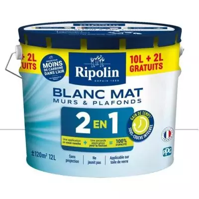 Peinture Murs et Plafonds 2 en 1 Blanc Mat Ripolin 10L + 2L gratuits - Kit complet