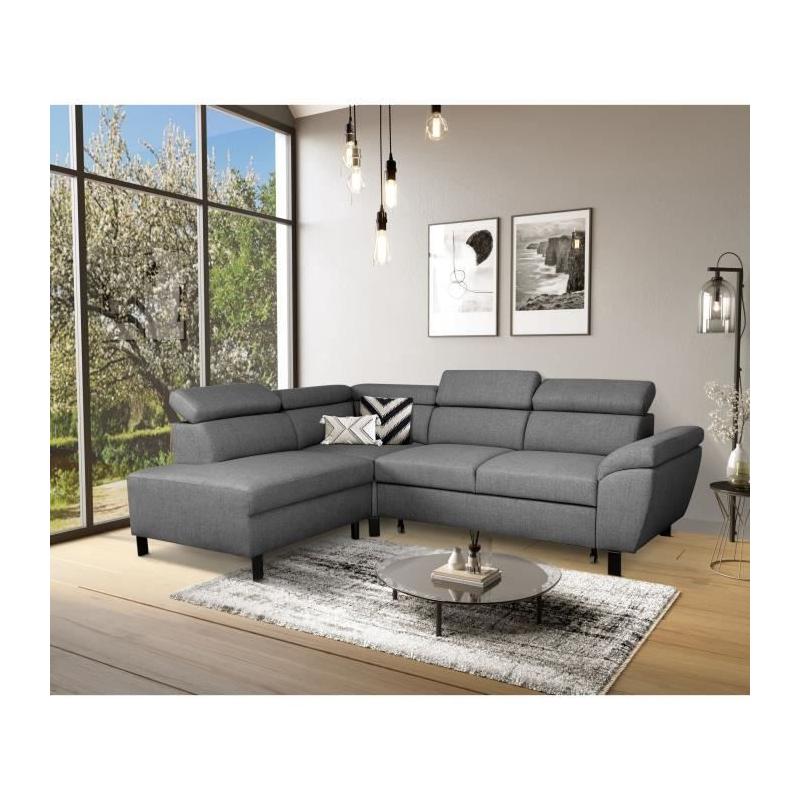 Canapé d'angle convertible STAN - Tissu Anthracite - Réversible