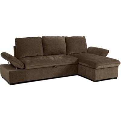 Découvrez le Canapé d'angle convertible réversible CANDY en tissu chocolat avec coffre et ses dimensions généreuses de 297 x 148