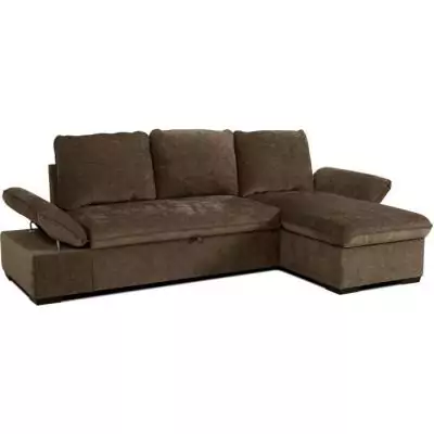 Découvrez le Canapé d'angle convertible réversible CANDY en tissu chocolat avec coffre et ses dimensions généreuses de 297 x 148