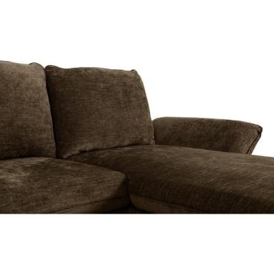Découvrez le Canapé d'angle convertible réversible CANDY en tissu chocolat avec coffre et ses dimensions généreuses de 297 x 148