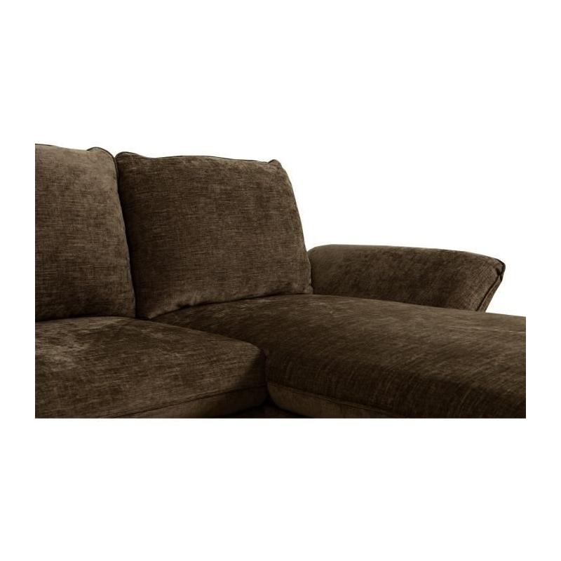Découvrez le Canapé d'angle convertible réversible CANDY en tissu chocolat avec coffre et ses dimensions généreuses de 297 x 148