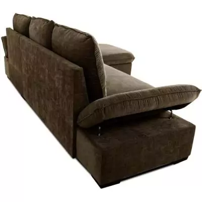 Découvrez le Canapé d'angle convertible réversible CANDY en tissu chocolat avec coffre et ses dimensions généreuses de 297 x 148