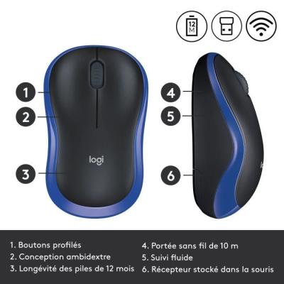Souris sans fil Logitech M185 Bleu - Compacte et Pratique