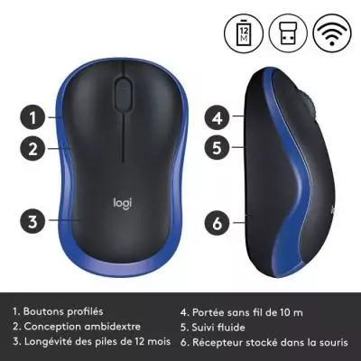 Souris sans fil Logitech M185 Bleu - Compacte et Pratique