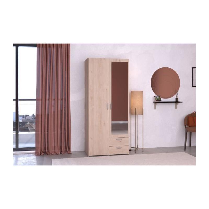 Armoire de chambre VARIA Parisot - chêne - 2 portes miroir - 2 tiroirs