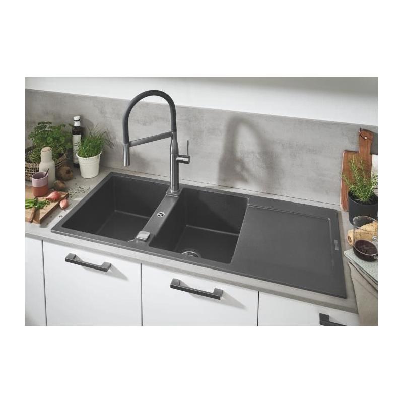 Évier composite GROHE avec égouttoir K500 1160 x 500 mm Gris granite