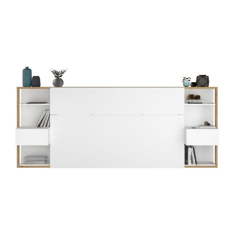 Tête de lit avec étagères + chevets intégrés - Blanc et chêne - L 255 x P 36 x H 103 cm