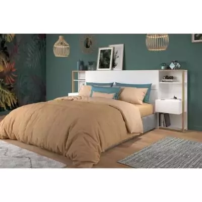 Tête de lit avec étagères + chevets intégrés - Blanc et chêne - L 255 x P 36 x H 103 cm