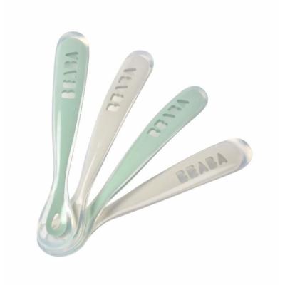 Lot de 4 cuillères - BEABA - Silicone 1er âge - Velvet grey / Sage green