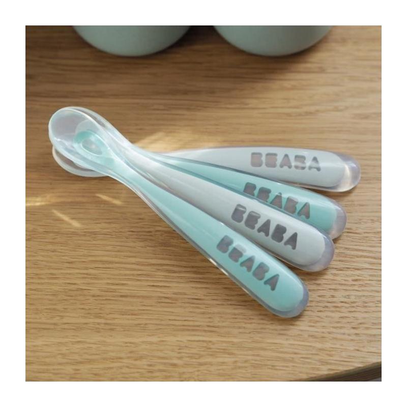 Lot de 4 cuillères - BEABA - Silicone 1er âge - Velvet grey / Sage green