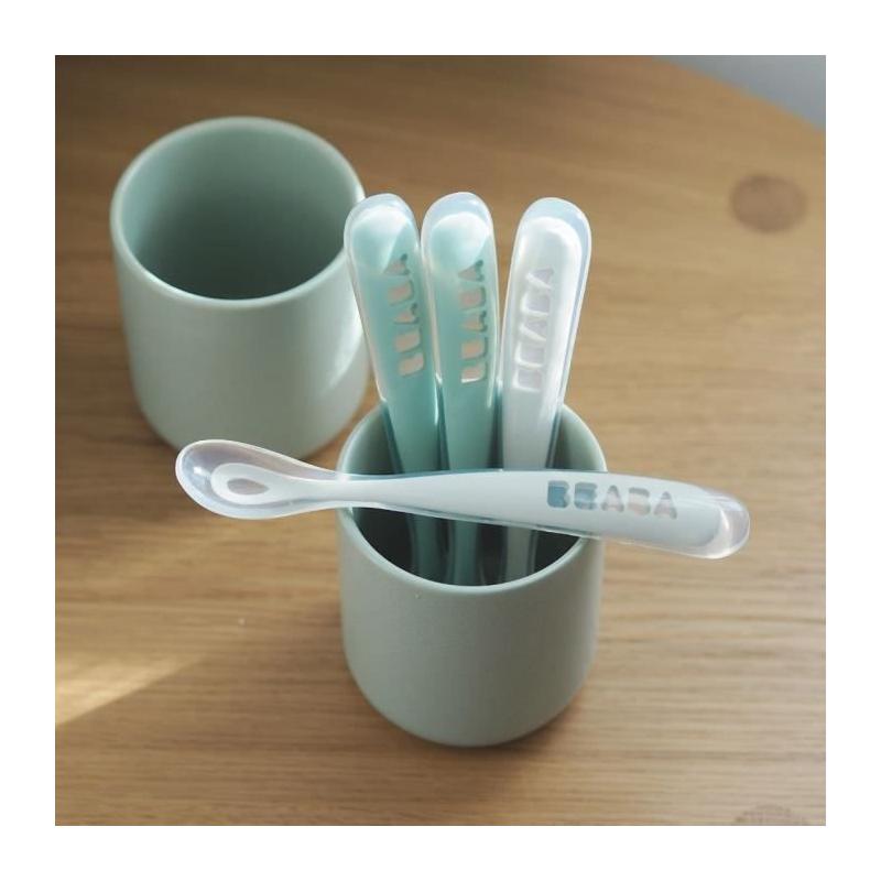 Lot de 4 cuillères - BEABA - Silicone 1er âge - Velvet grey / Sage green