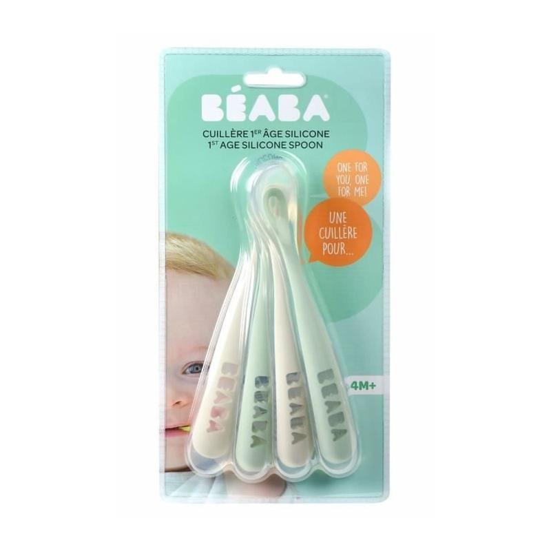 Lot de 4 cuillères - BEABA - Silicone 1er âge - Velvet grey / Sage green