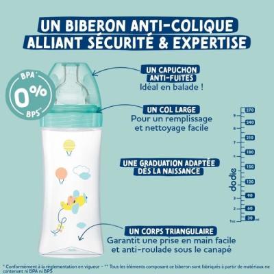 Lot de 3 biberons Dodie 270ml - Tétine plate - Vert