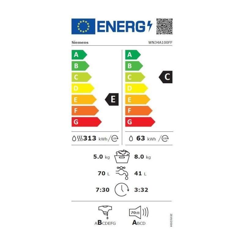 Siemens iQ300 WN34A100FF machine à laver avec sèche linge Pose libre Charge avant Blanc E