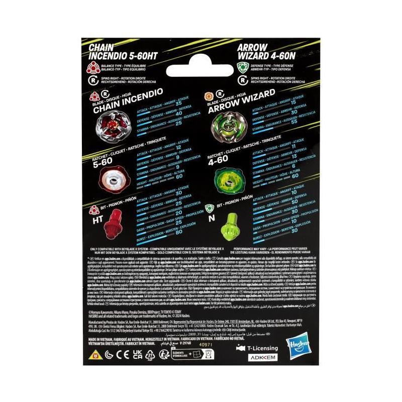 Pack de toupies détachables Beyblade X Dual Chain Incendio 5-60HT et Arrow Wizard 4-60N