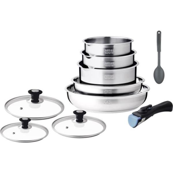 Batterie de cuisine induction - Arthur Martin - AM4485 - Acier inoxydable - 10 pieces - Poignée amovible - Tous feux dont induc