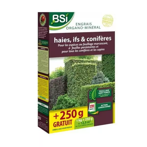 BSI - Engrais Organo-Minéral - Bio - Haies, Coniferes - Pour Feuillages Persistants Et Coniferes - 1Kg - Plus 250g gratuit - 12