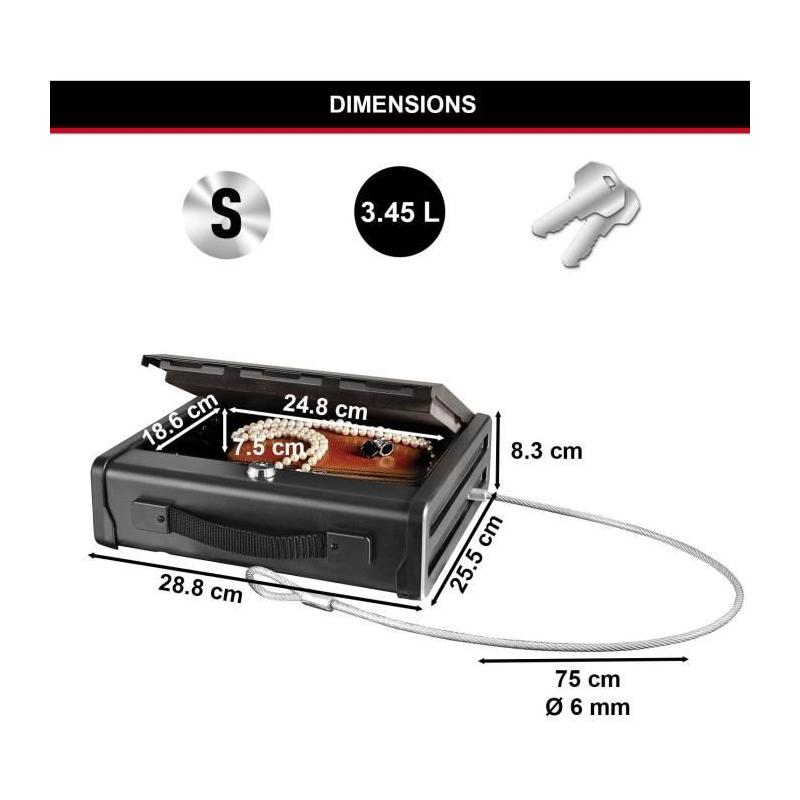 Coffre-fort compact avec câble de fixation - Dimensions pratiques