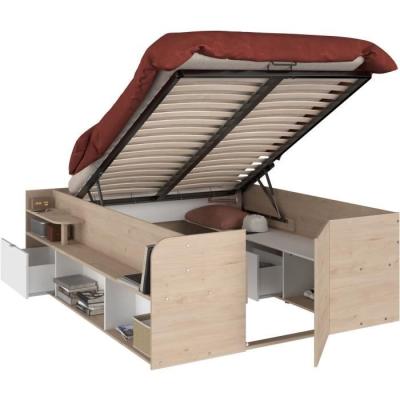 Lit coffre adulte design - 140x190/200 cm - Décor chene et Blanc