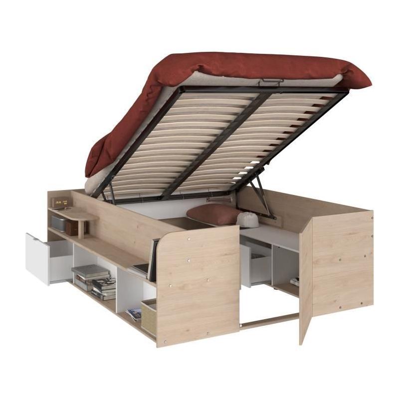 Lit coffre adulte design - 140x190/200 cm - Décor chene et Blanc