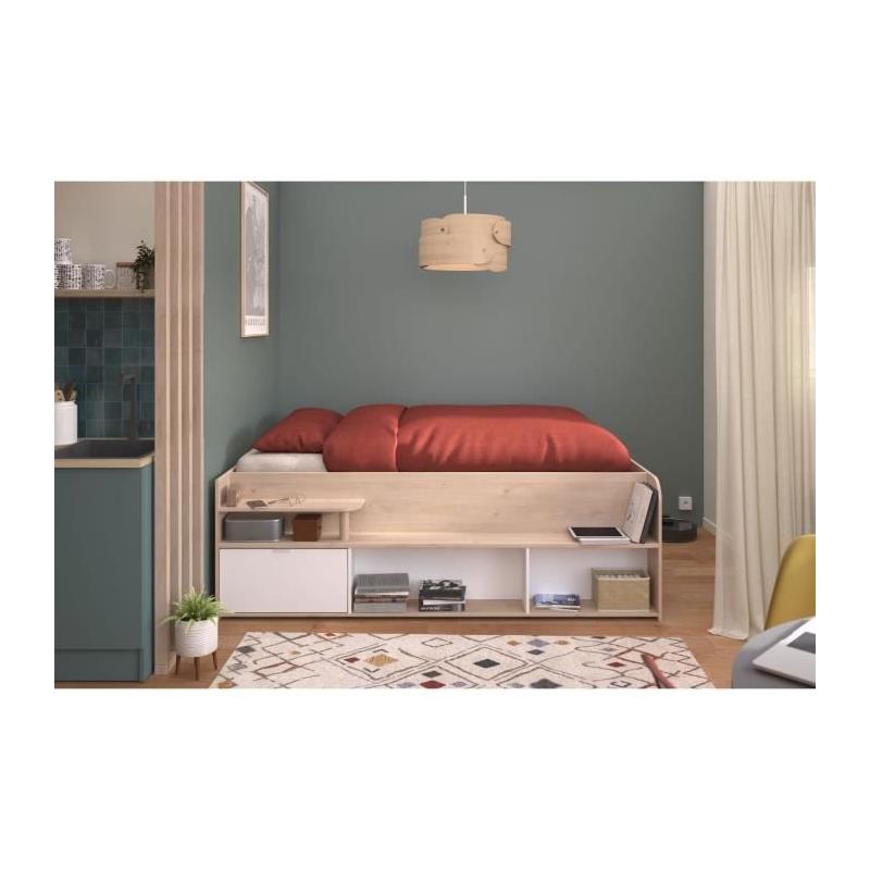 Lit coffre adulte design - 140x190/200 cm - Décor chene et Blanc