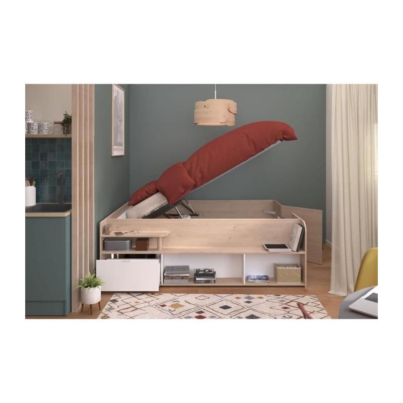 Lit coffre adulte design - 140x190/200 cm - Décor chene et Blanc