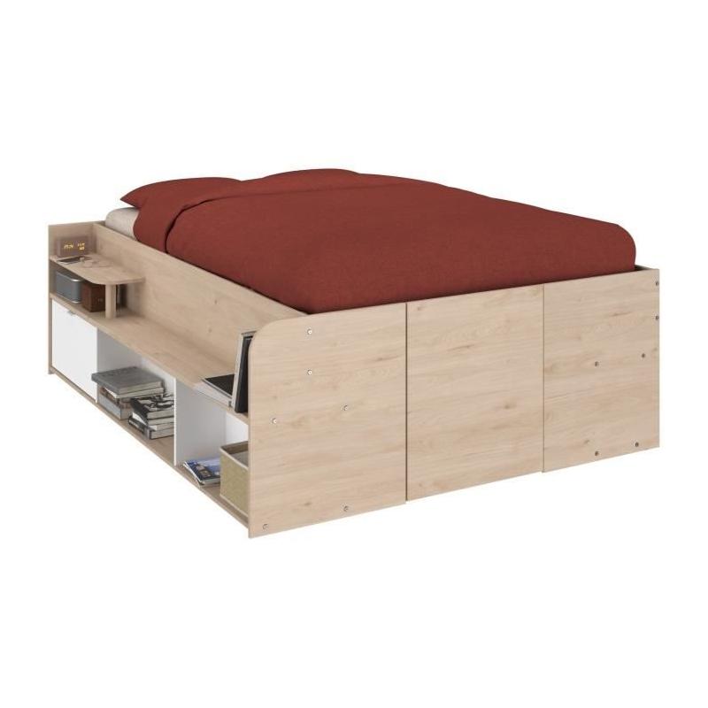 Lit coffre adulte design - 140x190/200 cm - Décor chene et Blanc