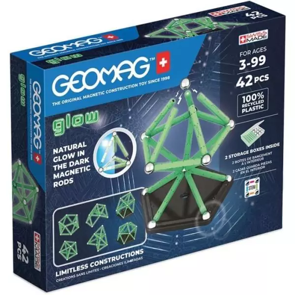 Coffret de construction - GEOMAG - Glow Recycled - 42 pieces - Luminescent - Magnétique - Plastique recyclé
