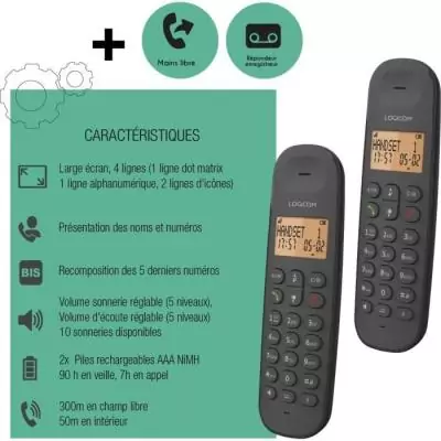 Téléphone fixe sans fil LOGICOM DECT ILOA 255T DUO - Noir - Avec répondeur