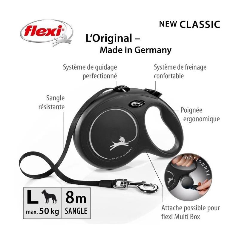 Laisse New Classic L Tape 8 m noir Flexi - Pratique et robuste