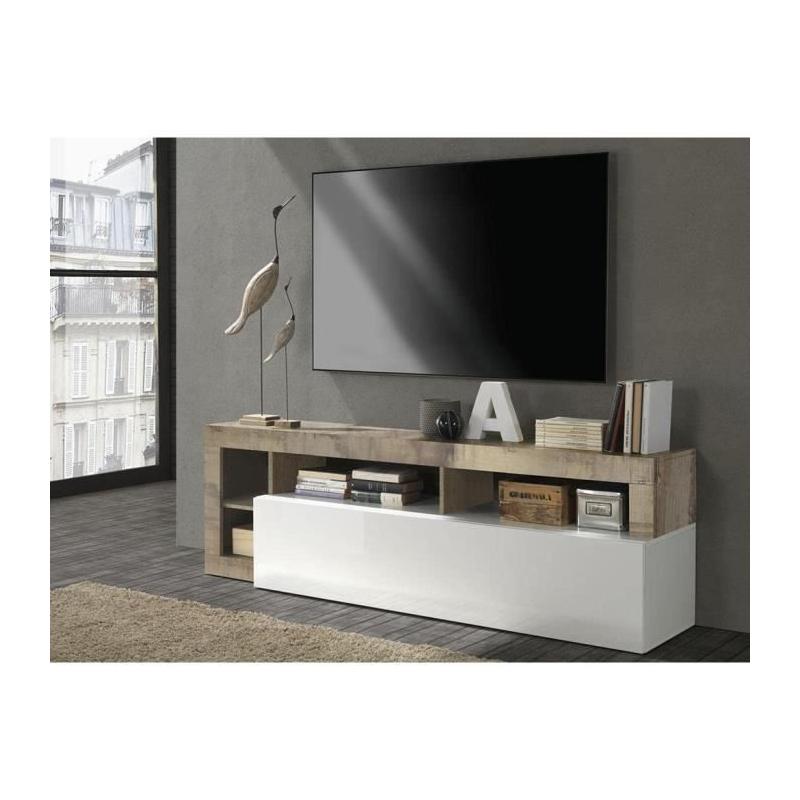 Meuble TV 1 porte Blanc Laqué et Bois Vintage - L 184 x P 42 x H 56 cm