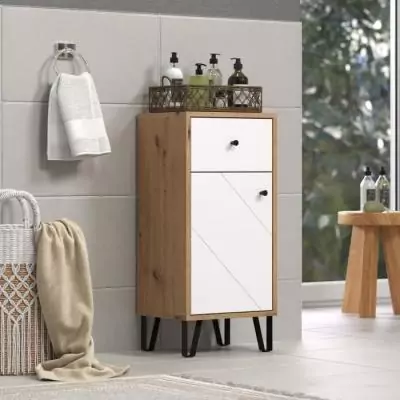 Armoire de salle de bain mat blanc et chêne - Pratique et élégante
