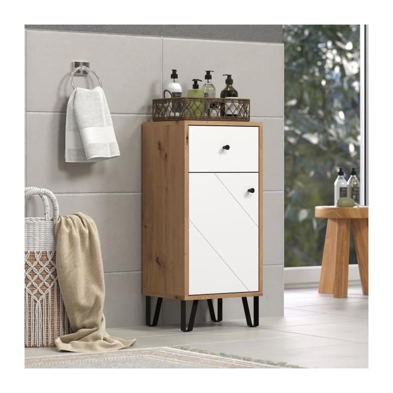 Armoire de salle de bain mat blanc et chêne - Pratique et élégante
