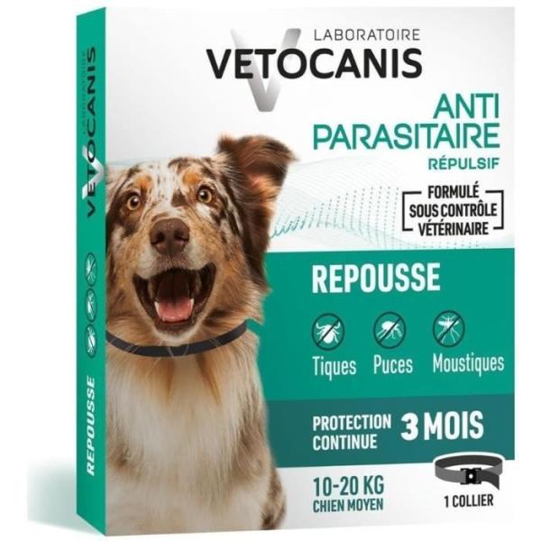 Collier répulsif puces tiques et moustiques - VETOCANIS - Chien de 10 a 20 kg - Extraits Naturels Margosa et Lavandin (Lot de 2
